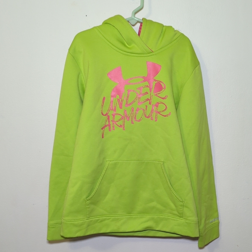 Under Armour Logo Hoodie Green + Pink Kangaroo Pocket Sweatshirt Girls Size M